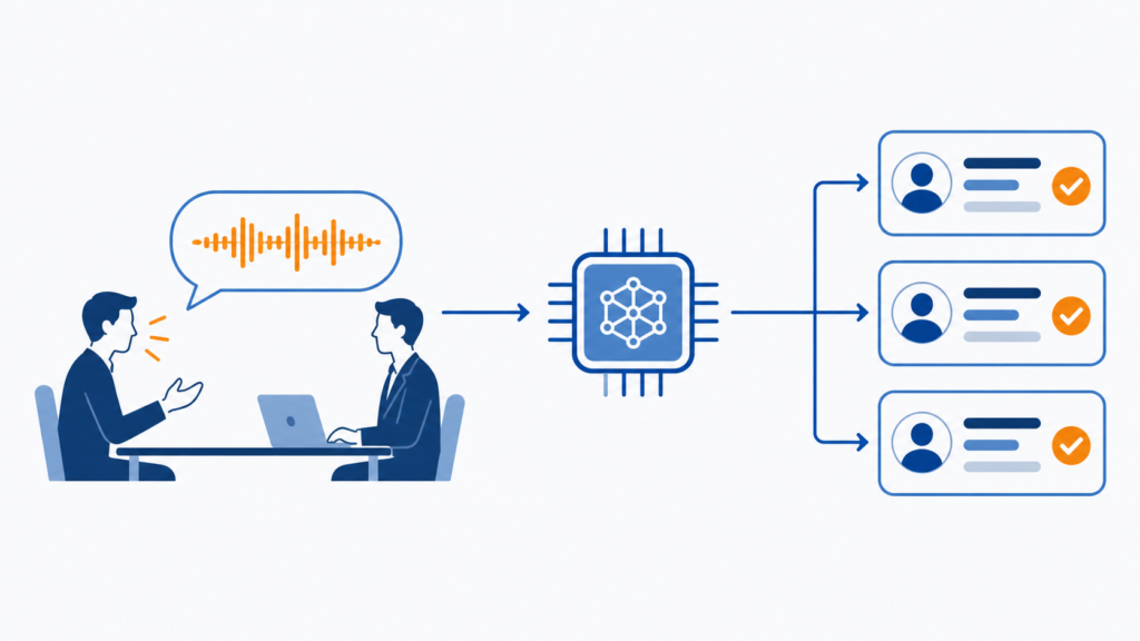 商談音声をAIが文字起こしし顧客データへ整理する営業DXの概念図